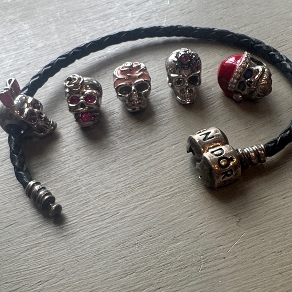 Pandora Black Braided Leather Bracelet with GNOCE Skull Charms